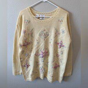 Vintage TR Bentley Embroidered Beaded Sweater Butter Yellow Crochet Cuff Grandma